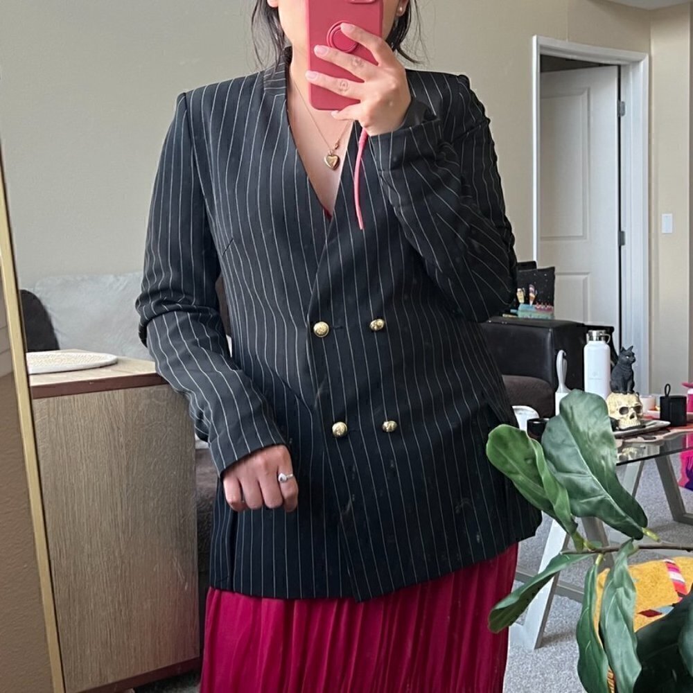 Zara Black Pinstripe Double Breasted Gold Buttons Blazer M​​​​​​​​​​​​​​​​​​​​​​
